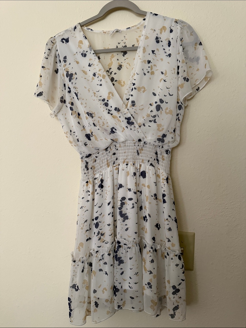 White Printed Flutter-Sleeve Smocked Waist Dress by GeeGee